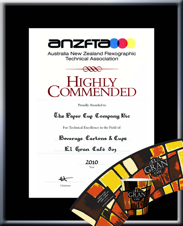 TPCC proudly won ANZFTA Top Award in "Beverage Cartons & Cups Halftone" in 2010 - HighlyCommended_ElGran8oz